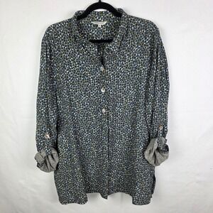 JOHN MARK Womens XL Button Front Tunic Shirt Top Long Sleeve Pockets Print Artsy